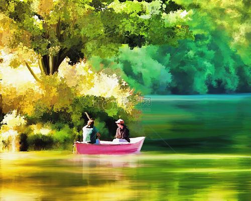 情侣划船的风景图片